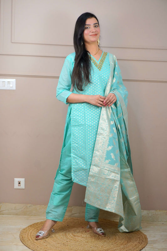 Sea Green Colour Moti Work V Neck Straight Kurta Set with Elastic Pant Dupatta