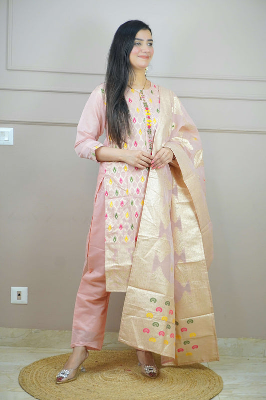 Peach Colour Thread & Moti Work Straight Kurta Set with Elastic Pant Dupatta