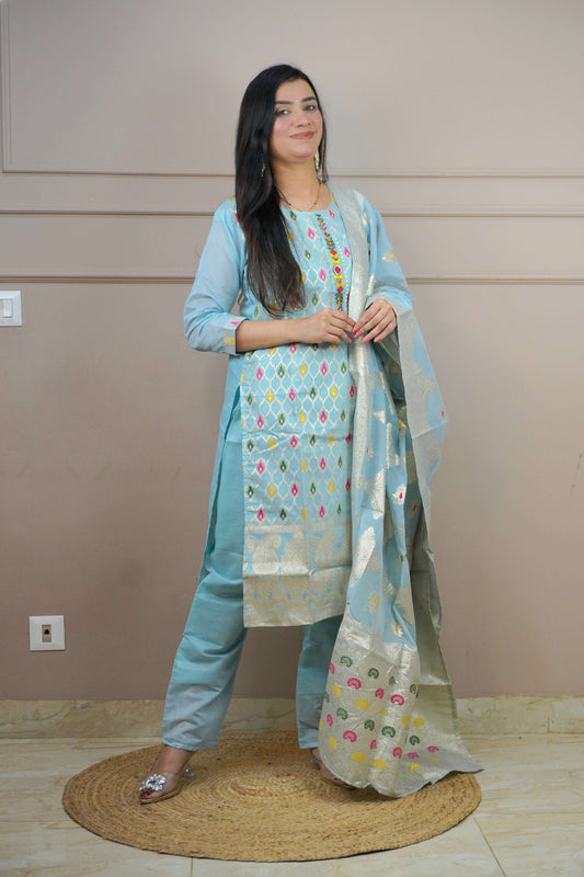 Sea Blue Colour Thread & Moti Work Straight Kurta Set with Elastic Pant Dupatta