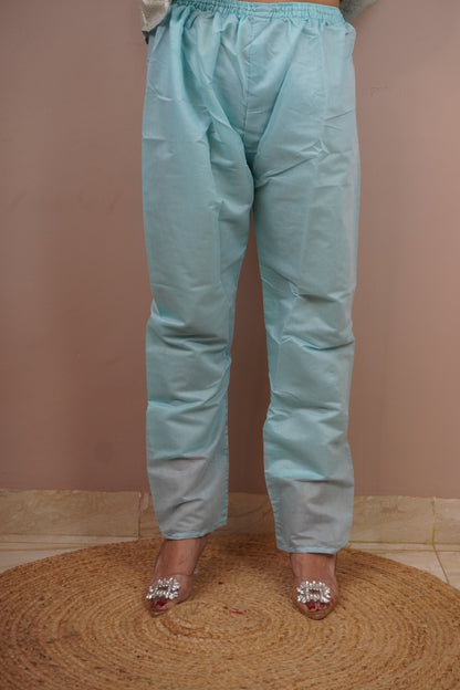 Sea Blue Colour Thread & Moti Work Straight Kurta Set with Elastic Pant Dupatta