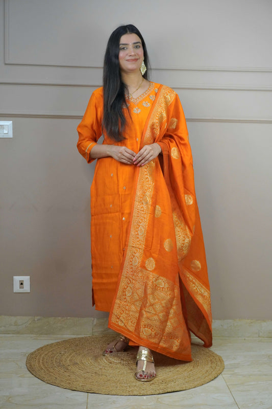 Orange Colour Zari Work Straight Kurta Set with Elastic Pant Dupatta