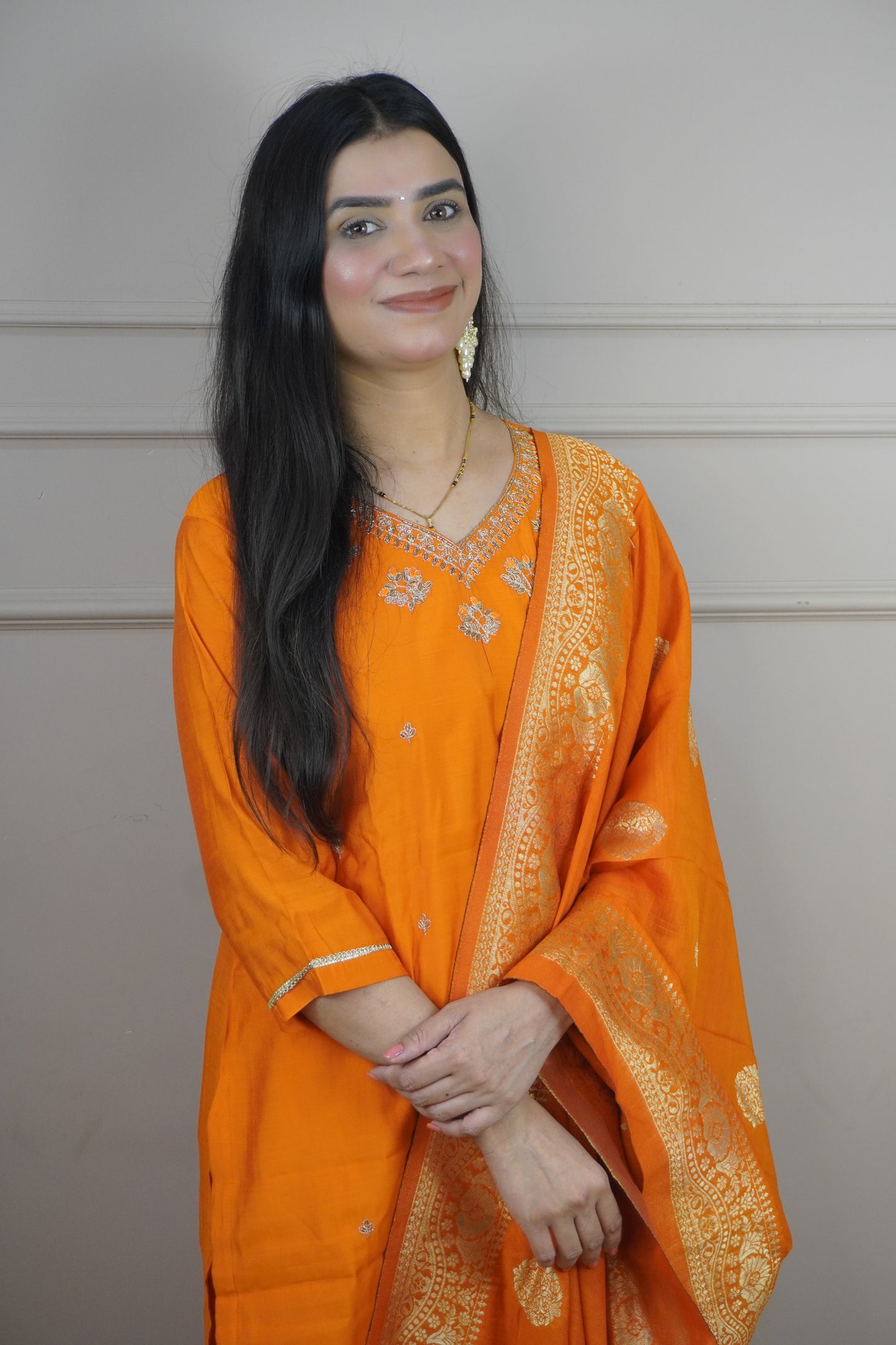 Orange Colour Zari Work Straight Kurta Set with Elastic Pant Dupatta