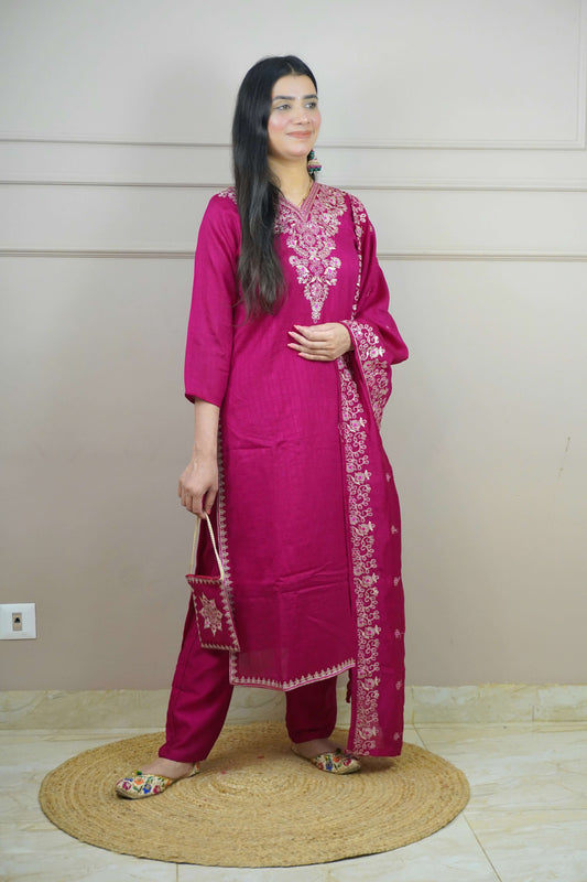 Magenta Colour Thread Work Straight Kurta Set with Elastic Pant Dupatta & Potli