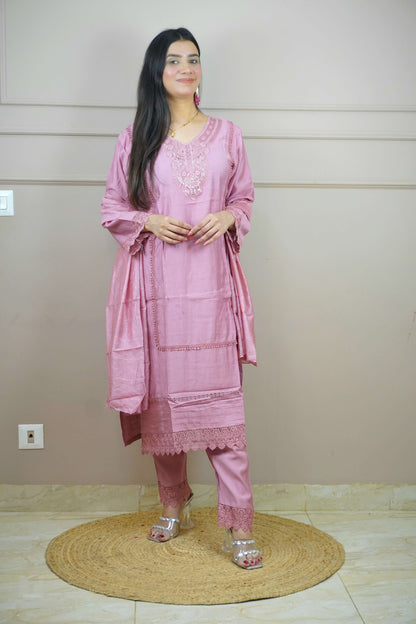 Mauve Colour Lace Work Pakistani Kurta Set with Pant & Dupatta