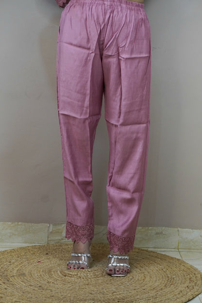 Mauve Colour Lace Work Pakistani Kurta Set with Pant & Dupatta