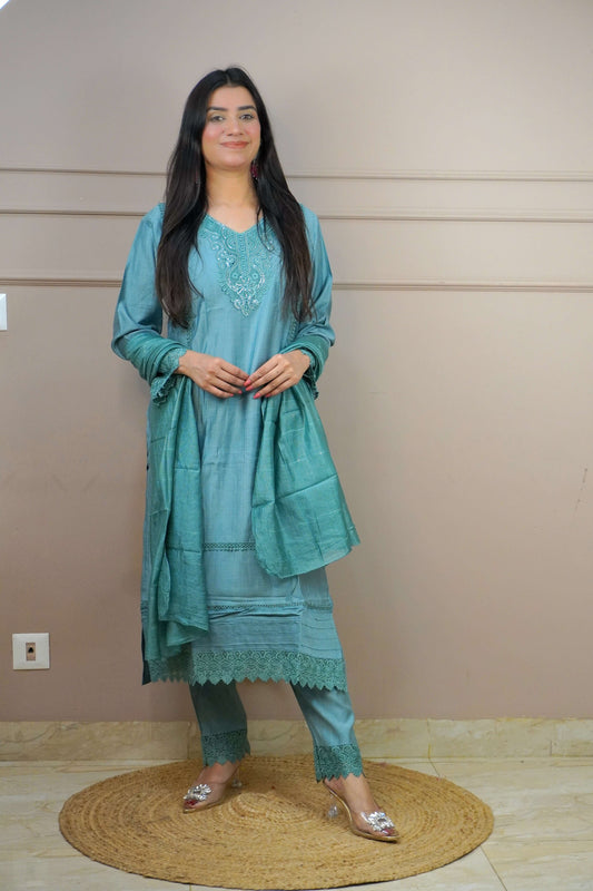 Mint Green Colour Lace Work Pakistani Kurta Set with Pant & Dupatta