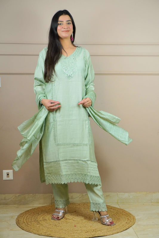 Pista Green Colour Lace Work Pakistani Kurta Set with Pant & Dupatta