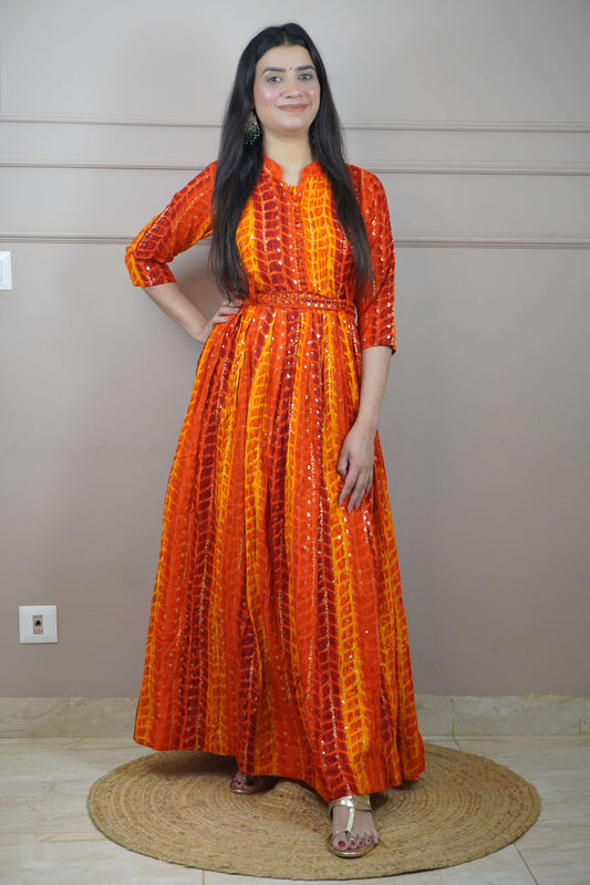 Orange Colour Tie and Dye Pattern Gown with Belt