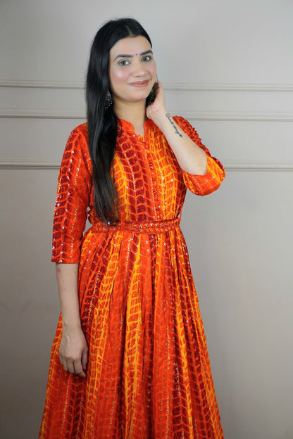 Orange Colour Tie and Dye Pattern Gown with Belt