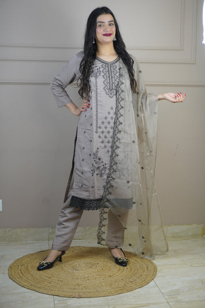 Coffee Colour Thread & Lace Work Straight Kurta Set with Pant & Dupatta