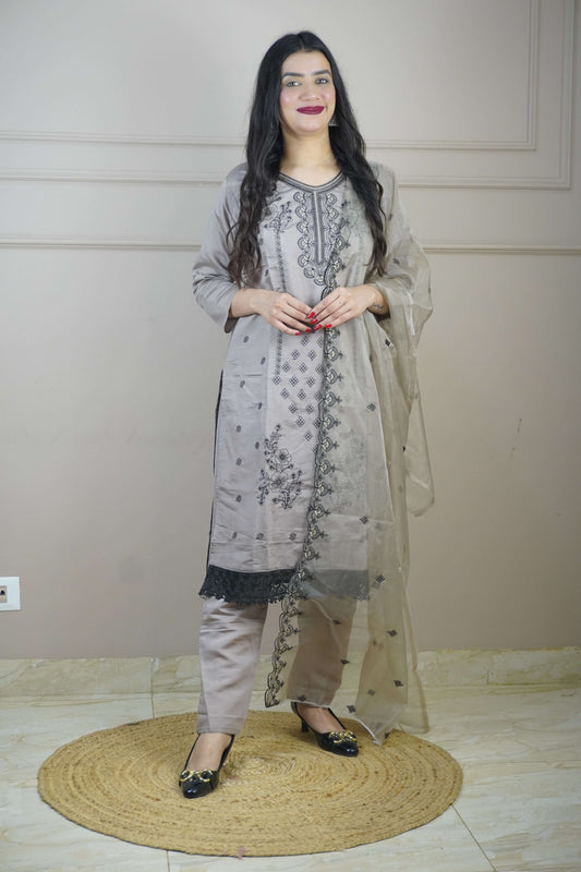 Coffee Colour Thread & Lace Work Straight Kurta Set with Pant & Dupatta