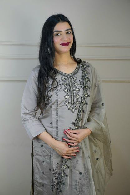 Coffee Colour Thread & Lace Work Straight Kurta Set with Pant & Dupatta