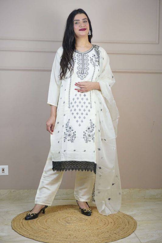 Off White Colour Thread & Lace Work Straight Kurta Set with Pant & Dupatta