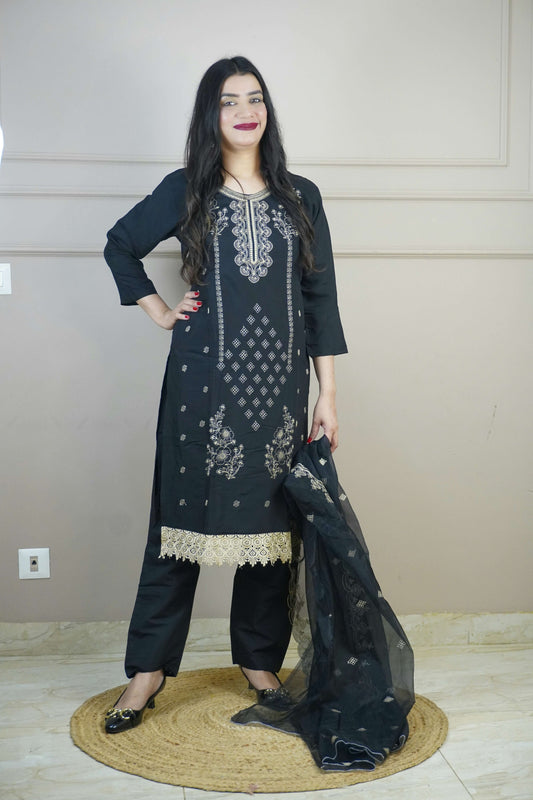 Black Colour Thread & Lace Work Straight Kurta Set with Pant & Dupatta
