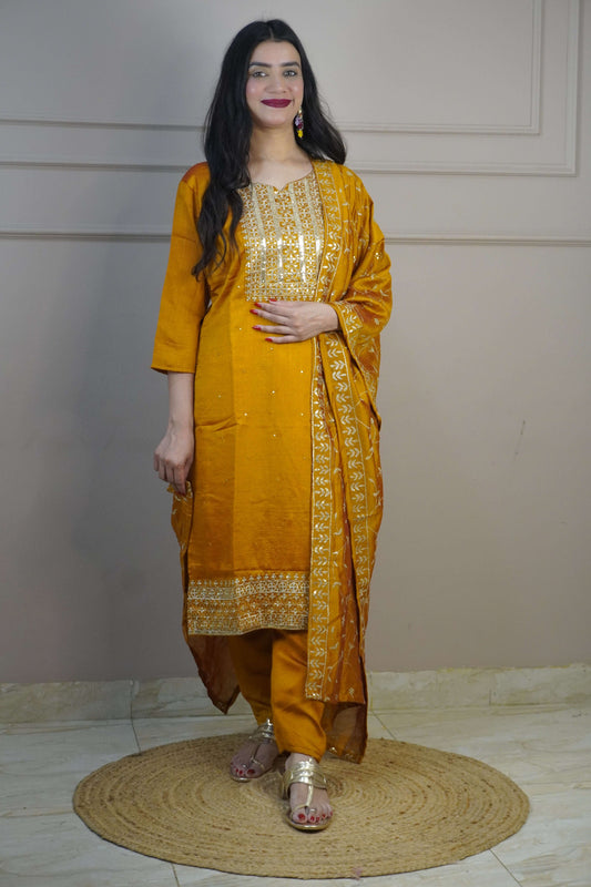 Mustard Colour Zari Work Straight Kurta Set with Pant & Dupatta