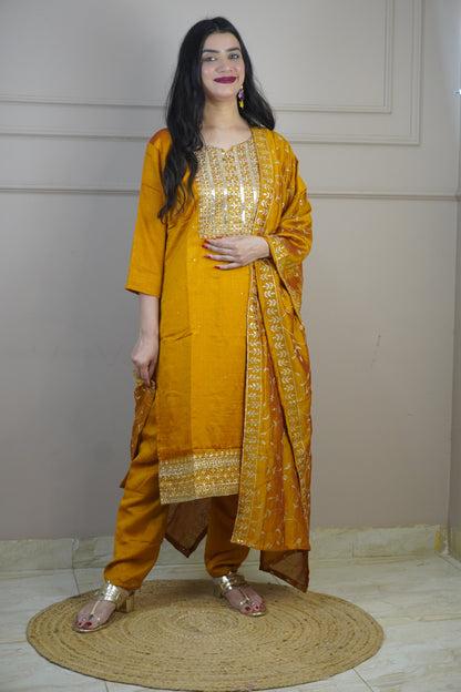 Mustard Colour Zari Work Straight Kurta Set with Pant & Dupatta