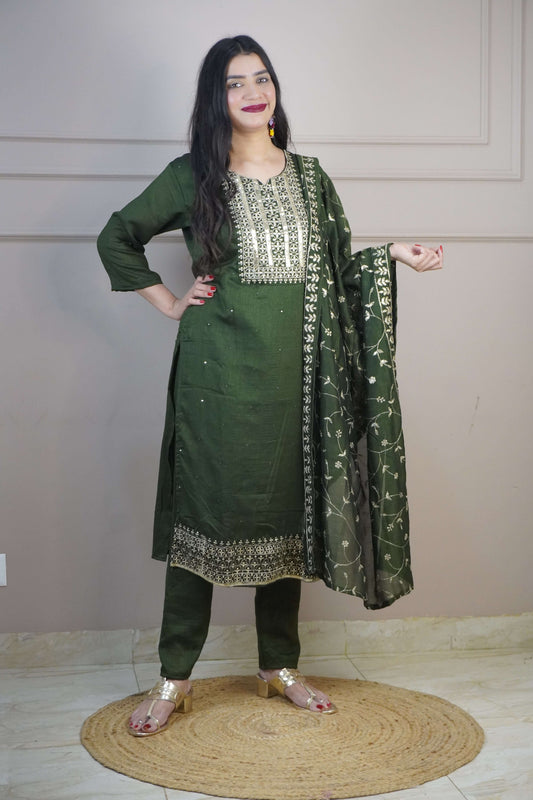 Green Colour Zari Work Straight Kurta Set with Pant & Dupatta