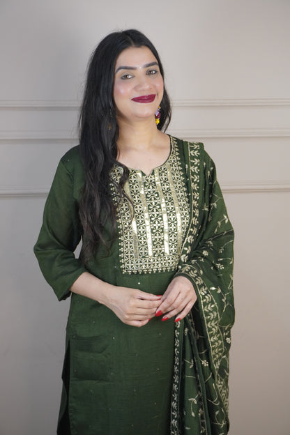 Green Colour Zari Work Straight Kurta Set with Pant & Dupatta