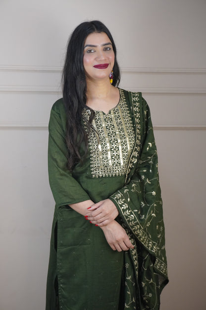 Green Colour Zari Work Straight Kurta Set with Pant & Dupatta
