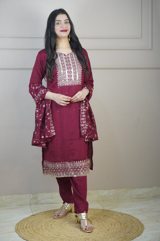 Maroon Colour Zari Work Straight Kurta Set with Pant & Dupatta