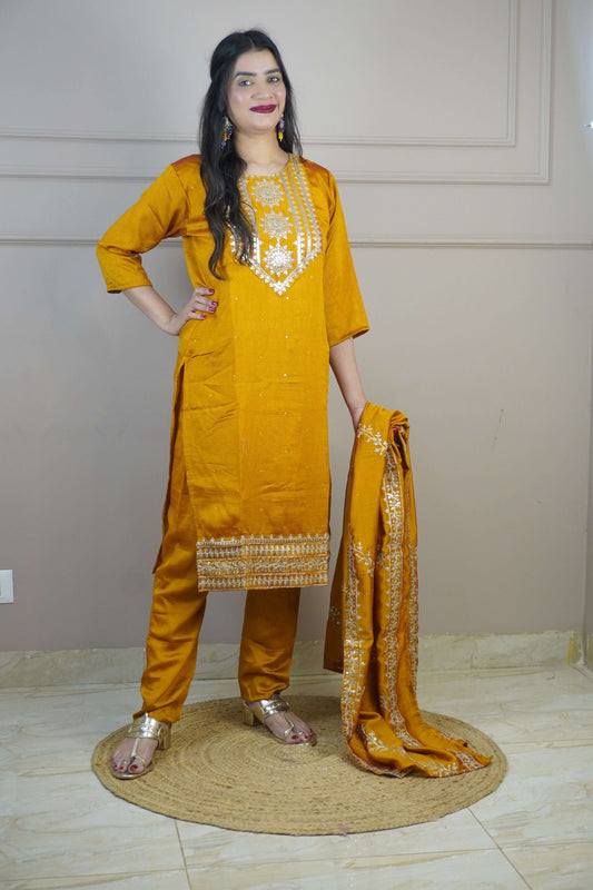 Mustard Colour Zari Work Straight Kurta Set with Pant & Dupatta