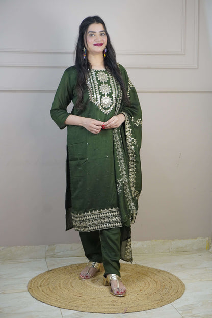 Green Colour Zari Work Straight Kurta Set with Pant & Dupatta
