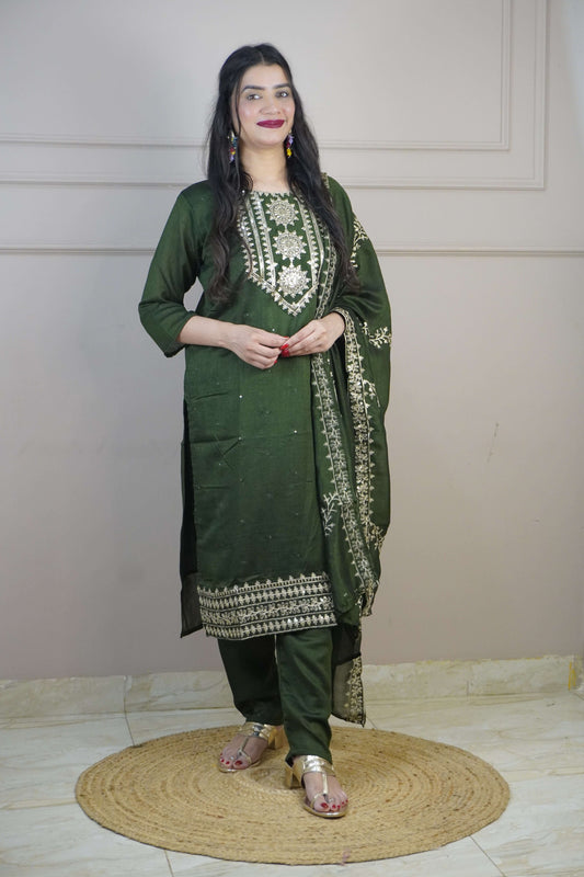 Green Colour Zari Work Straight Kurta Set with Pant & Dupatta