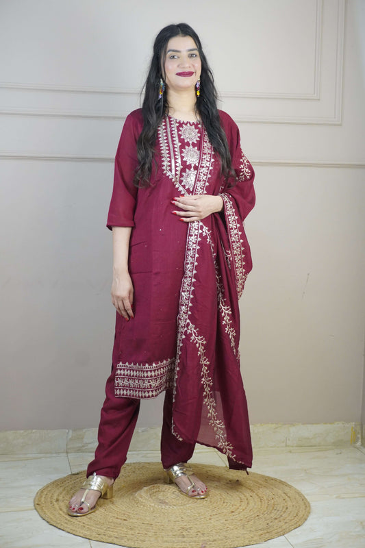 Maroon Colour Zari Work Straight Kurta Set with Pant & Dupatta