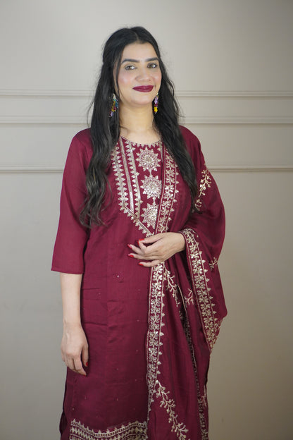 Maroon Colour Zari Work Straight Kurta Set with Pant & Dupatta