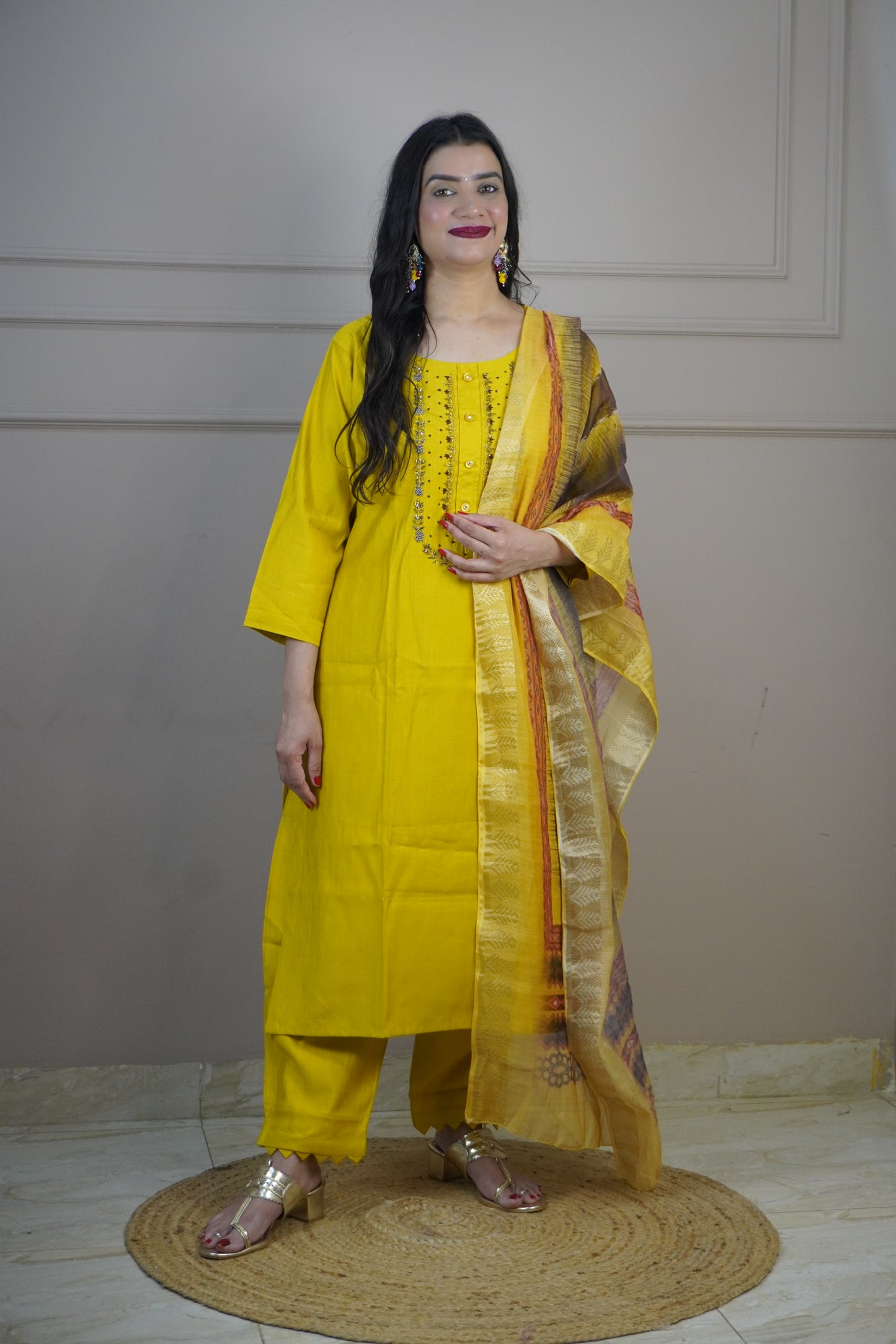 Mustard Colour Zari & Moti Work Straight Kurta Set with Pant & Digital Print Dupatta