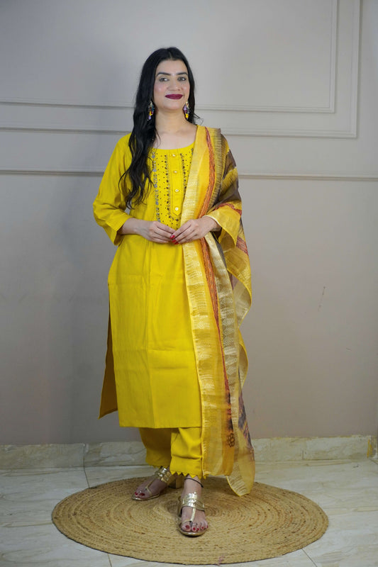 Mustard Colour Zari & Moti Work Straight Kurta Set with Pant & Digital Print Dupatta