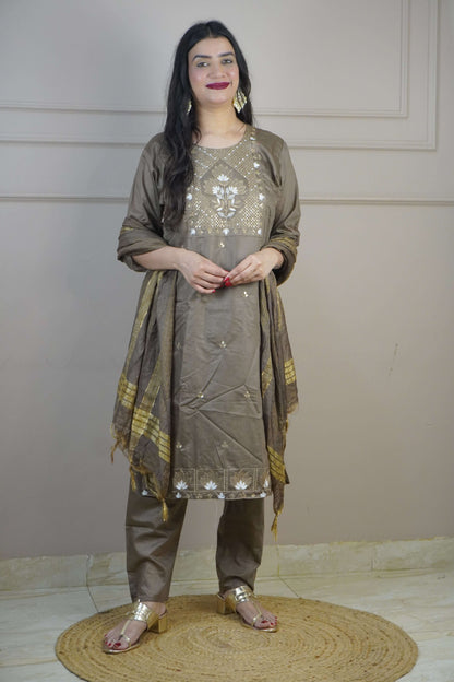 Coffee Brown Colour Thread Work Straight Kurta Set with Pant & Dupatta