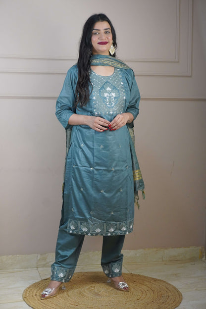 Steel Blue Colour Thread Work Straight Kurta Set with Pant & Dupatta