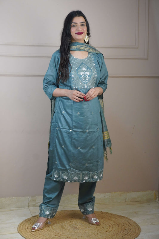 Steel Blue Colour Thread Work Straight Kurta Set with Pant & Dupatta