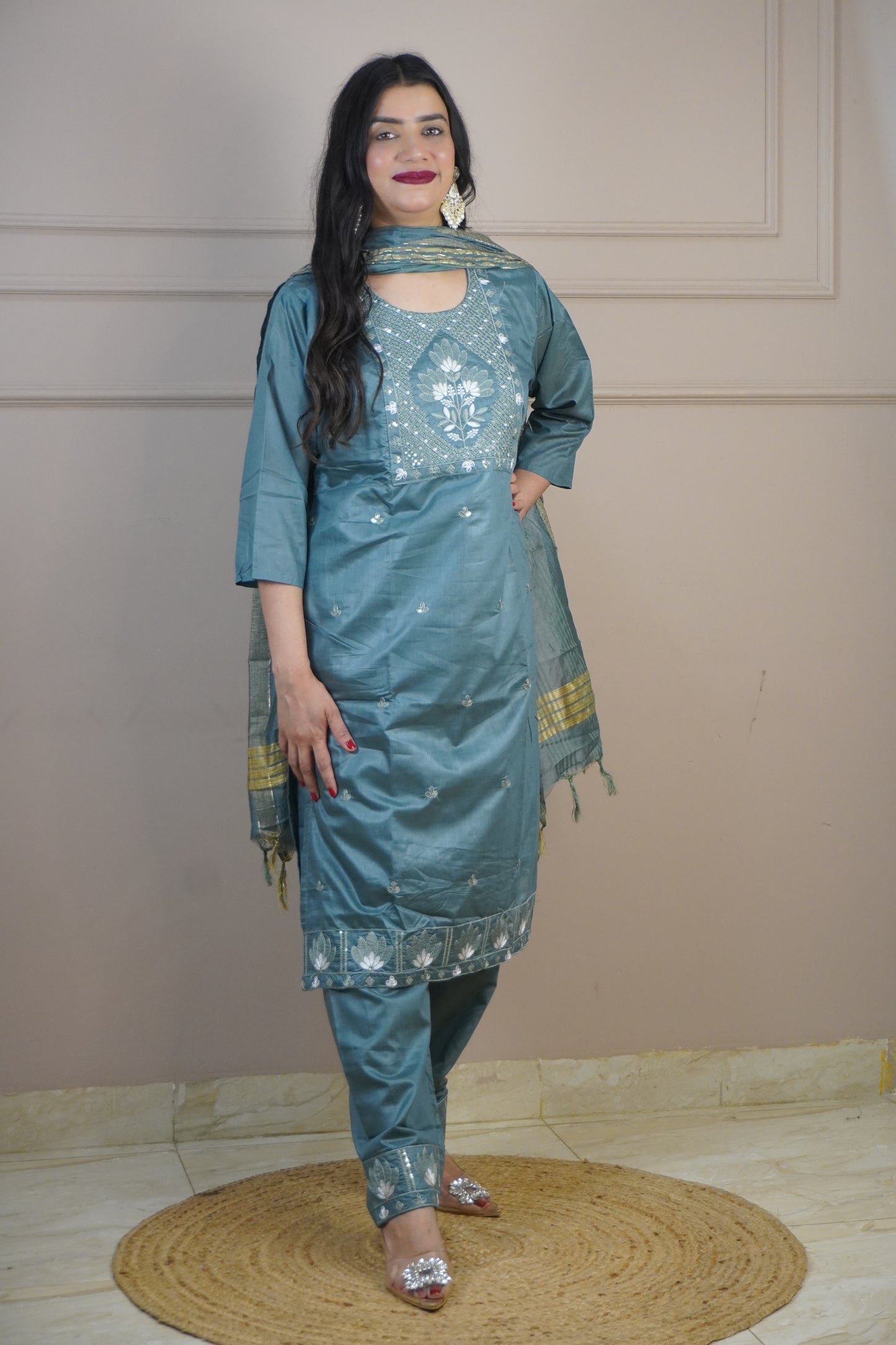 Steel Blue Colour Thread Work Straight Kurta Set with Pant & Dupatta