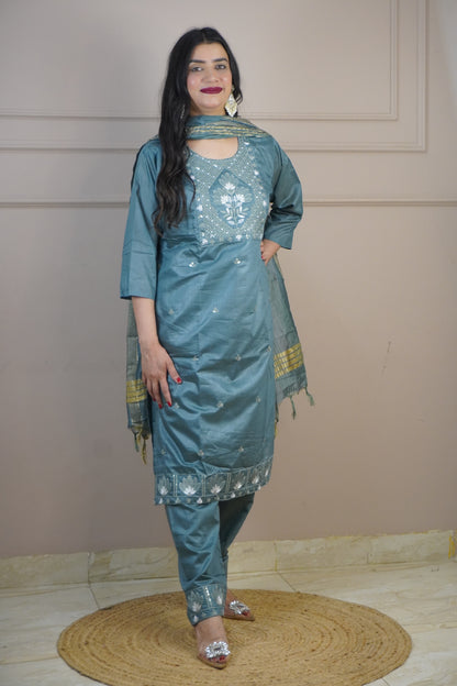 Steel Blue Colour Thread Work Straight Kurta Set with Pant & Dupatta