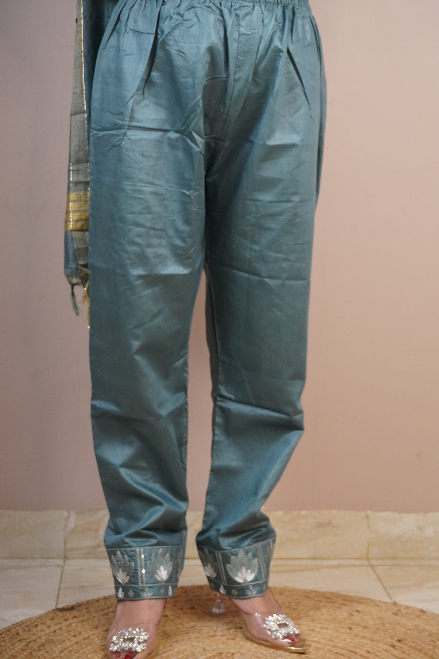Steel Blue Colour Thread Work Straight Kurta Set with Pant & Dupatta
