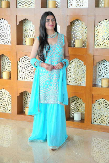 Sea Blue Colour Thread & Mirror Work Kurta & Sharara Set with Dupatta Free size (3 Inch Margin both side available for alteration)