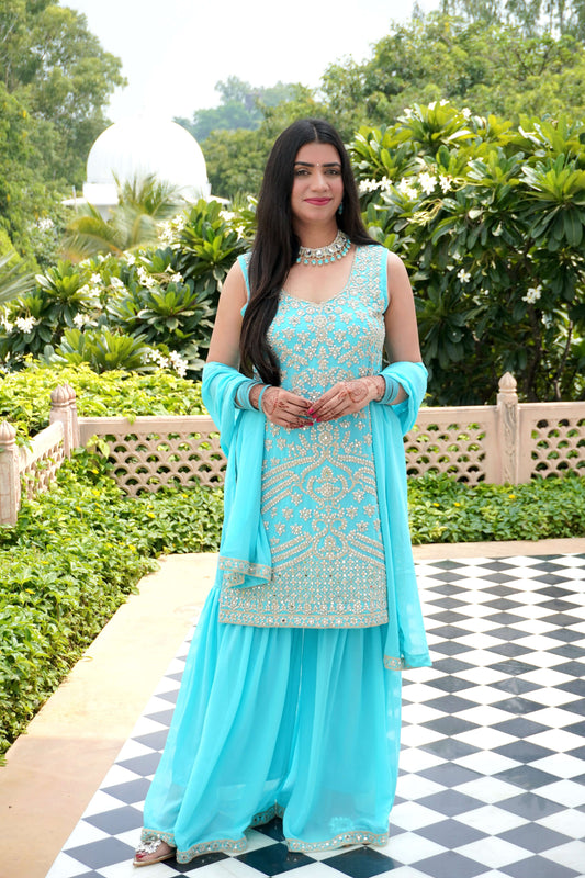 Sea Blue Colour Thread & Mirror Work Kurta & Sharara Set with Dupatta Free size (3 Inch Margin both side available for alteration)