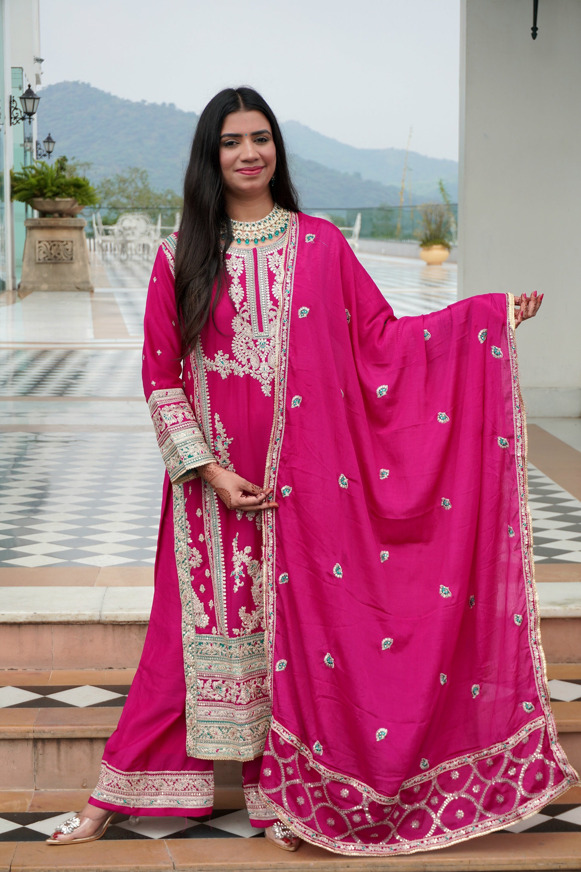 Magenta Colour Pakistani Kurta Set with Pant & Dupatta
