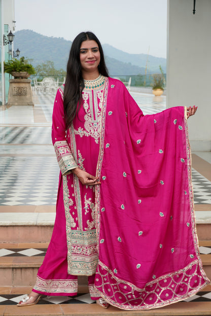 Magenta Colour Pakistani Kurta Set with Pant & Dupatta
