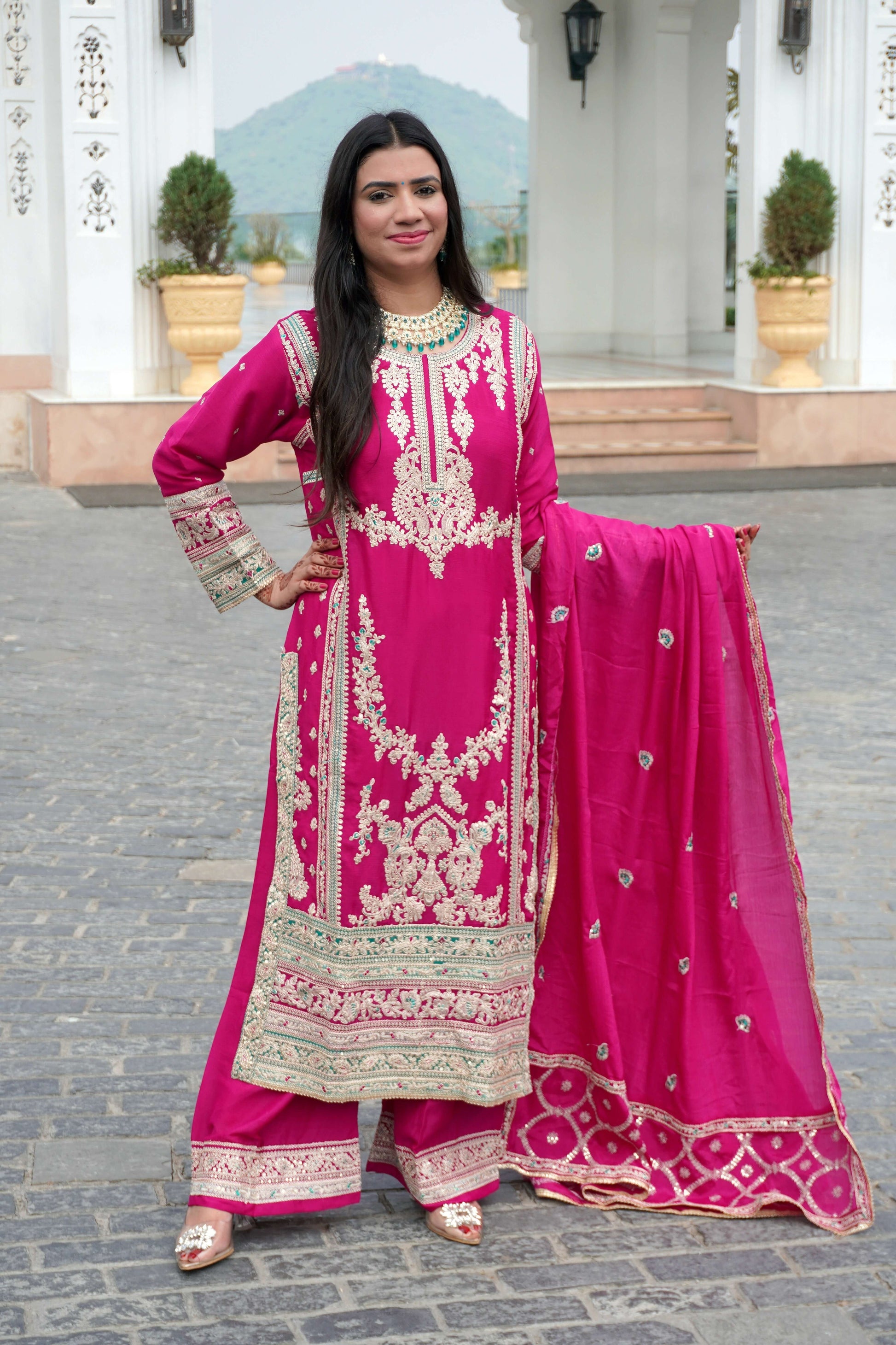 Magenta Colour Pakistani Kurta Set with Pant & Dupatta