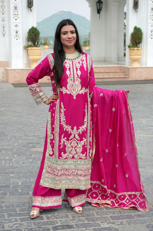Magenta Colour Pakistani Kurta Set with Pant & Dupatta