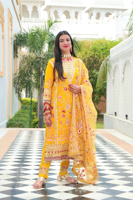 Bright Yellow Colour Zari & Mirror Work Pakistani Kurta Set with Pant & Dupatta