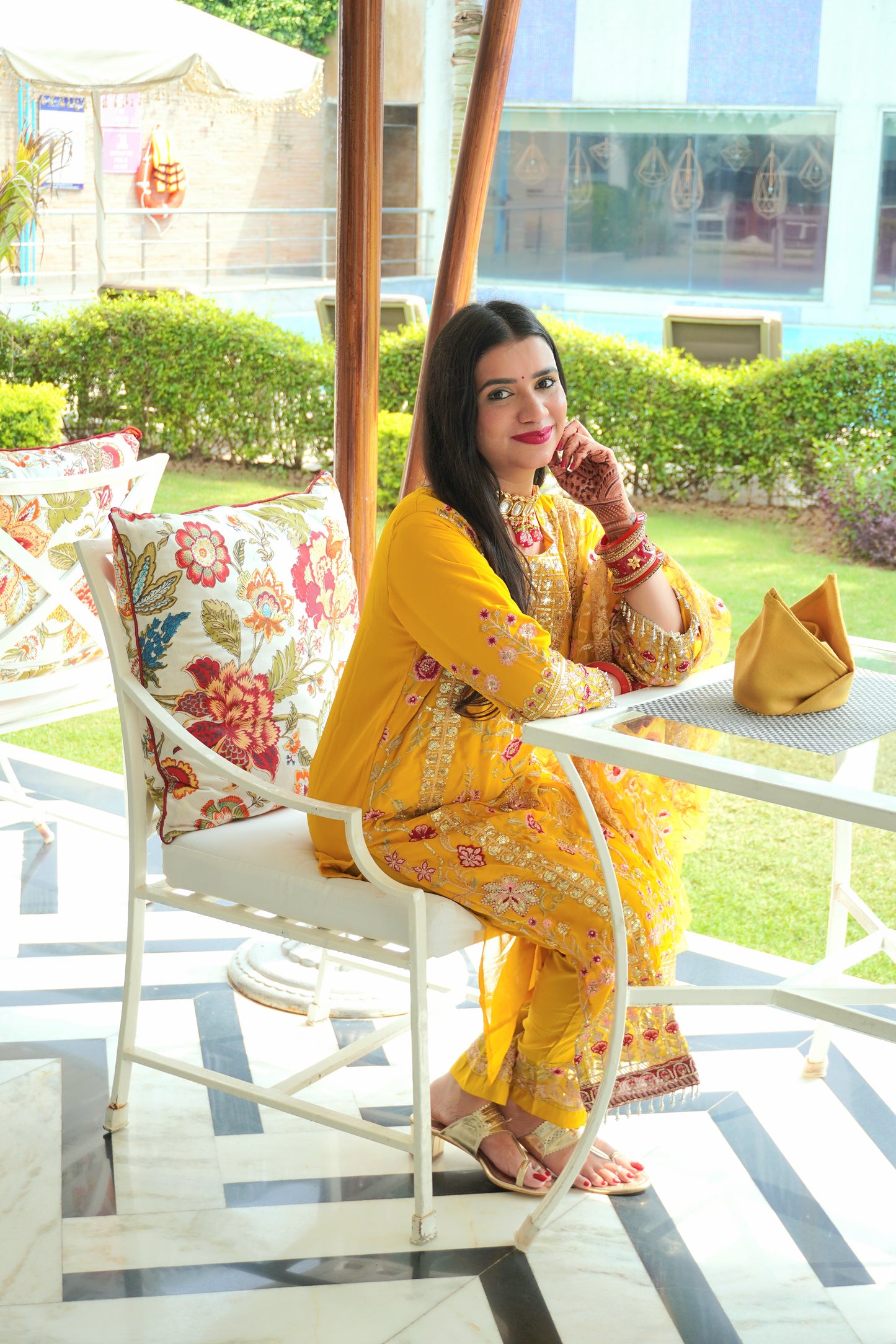 Bright Yellow Colour Zari & Mirror Work Pakistani Kurta Set with Pant & Dupatta