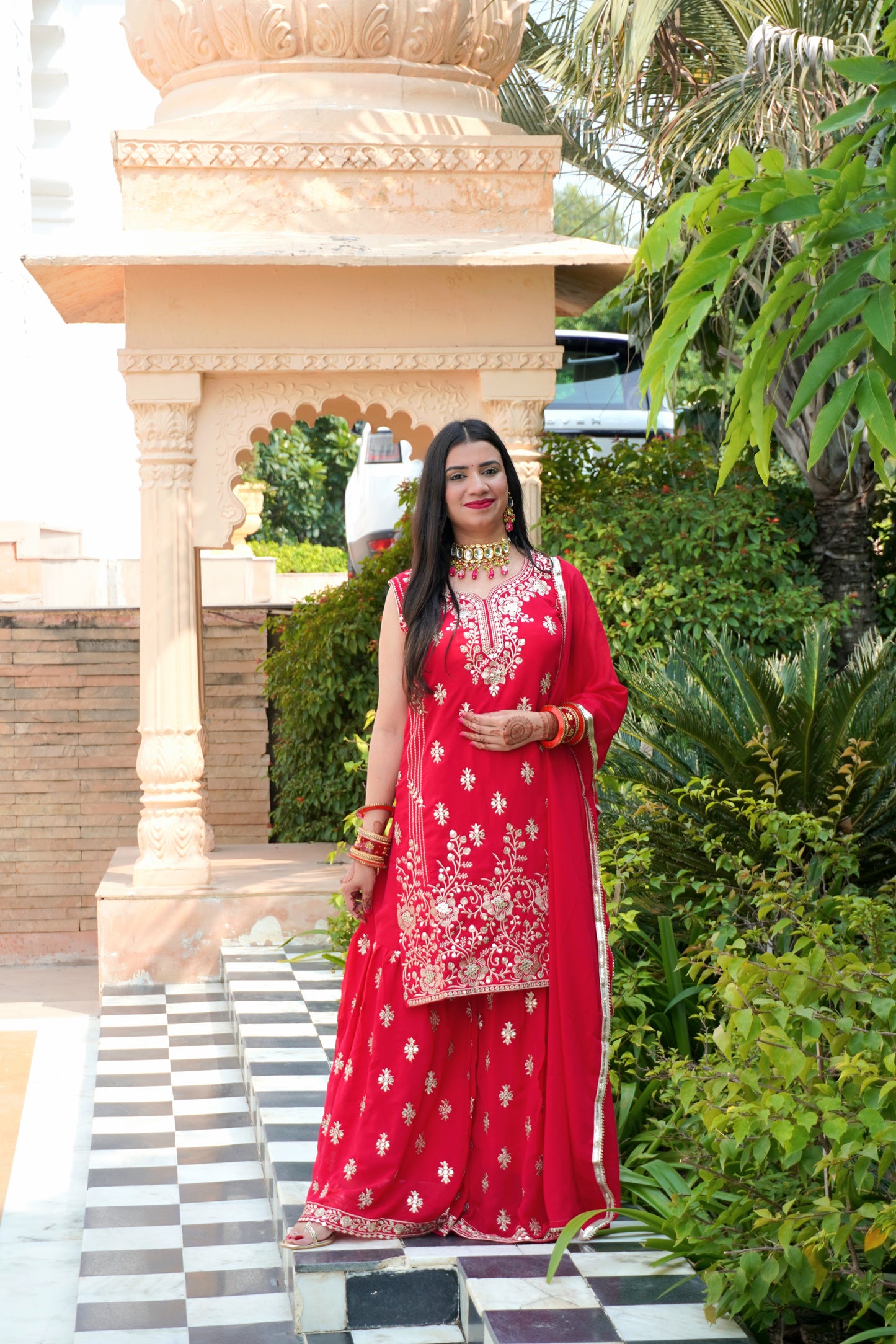 Red Colour Thread & Mirror Work Kurta & Sharara Set with Dupatta Free size (3 Inch Margin both side available for alteration)