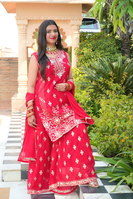 Red Colour Thread & Mirror Work Kurta & Sharara Set with Dupatta Free size (3 Inch Margin both side available for alteration)