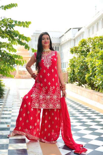 Red Colour Thread & Mirror Work Kurta & Sharara Set with Dupatta Free size (3 Inch Margin both side available for alteration)