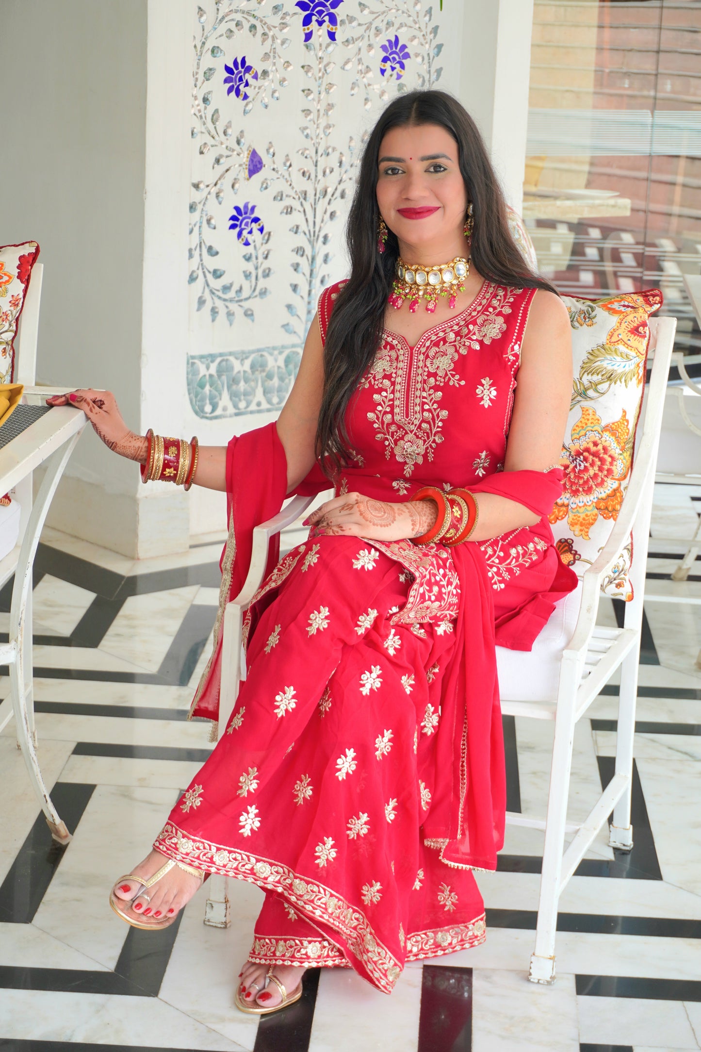 Red Colour Thread & Mirror Work Kurta & Sharara Set with Dupatta Free size (3 Inch Margin both side available for alteration)