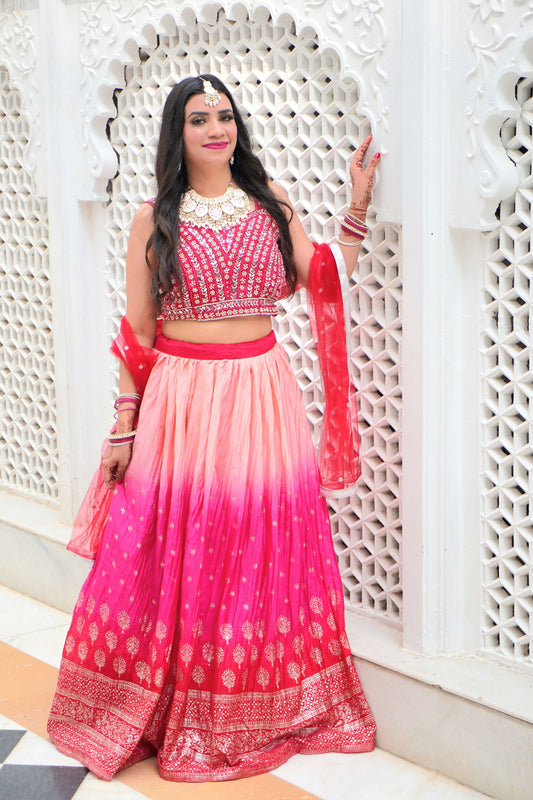 Pink Colour Golden Print Mirror Work Free size Ready to Wear Designer Lehenga (Dress have 4 inch of margin both side for alteration as per customer need)